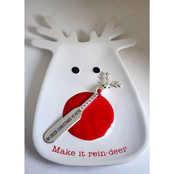 SERVING/CHEESE DISH-MUD PIE-Rudolph-Red Nose-Matching Silver Tone Spreader - Picture 1 of 13